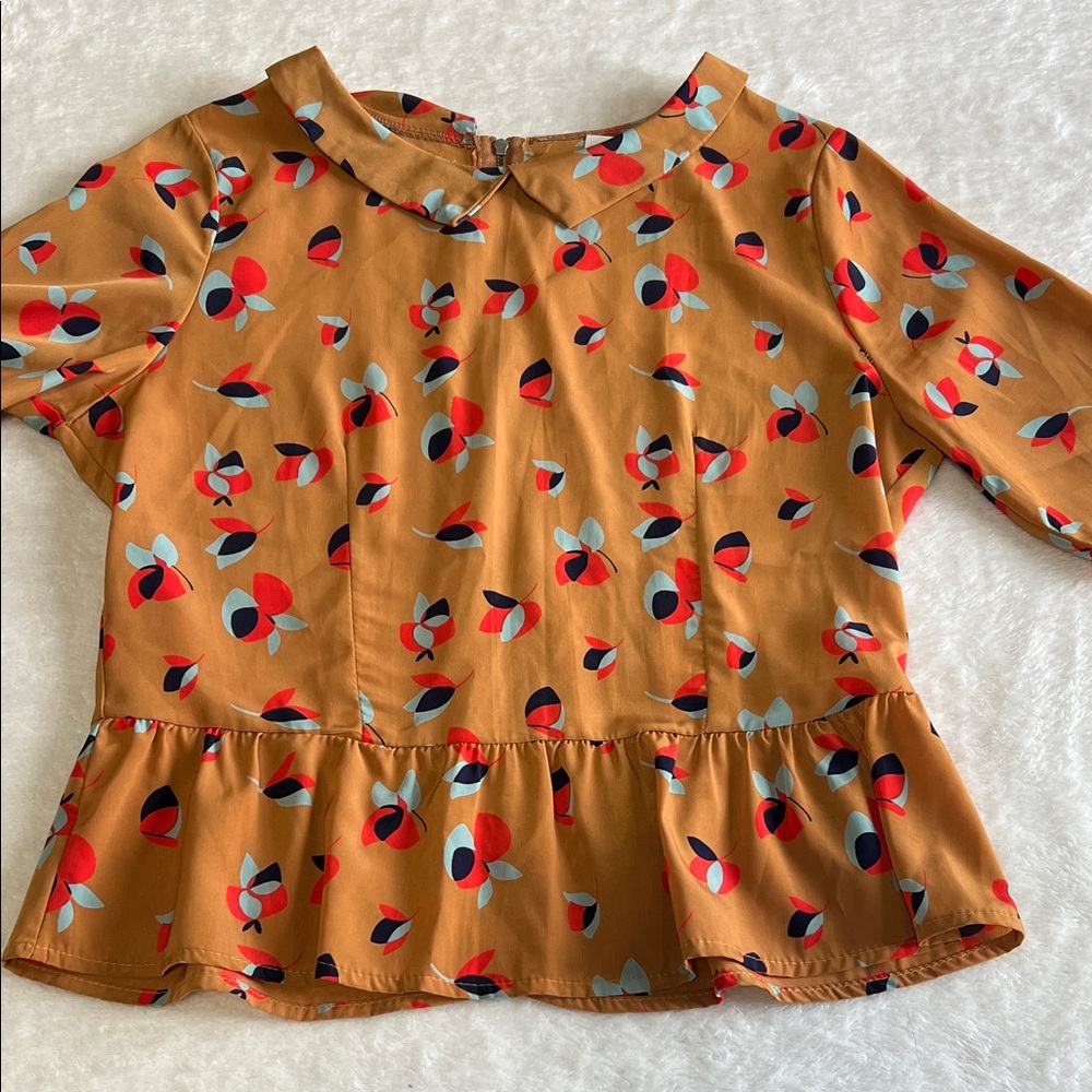 Vintage Style Structured Peter Pan Neckline Blouse | Earthy Coquette Peplum Top - Picture 12 of 16